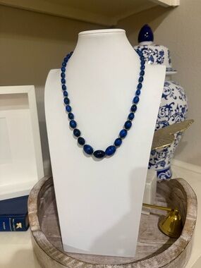 Vintage Black and Blue Beaded Necklace with Gold Accents